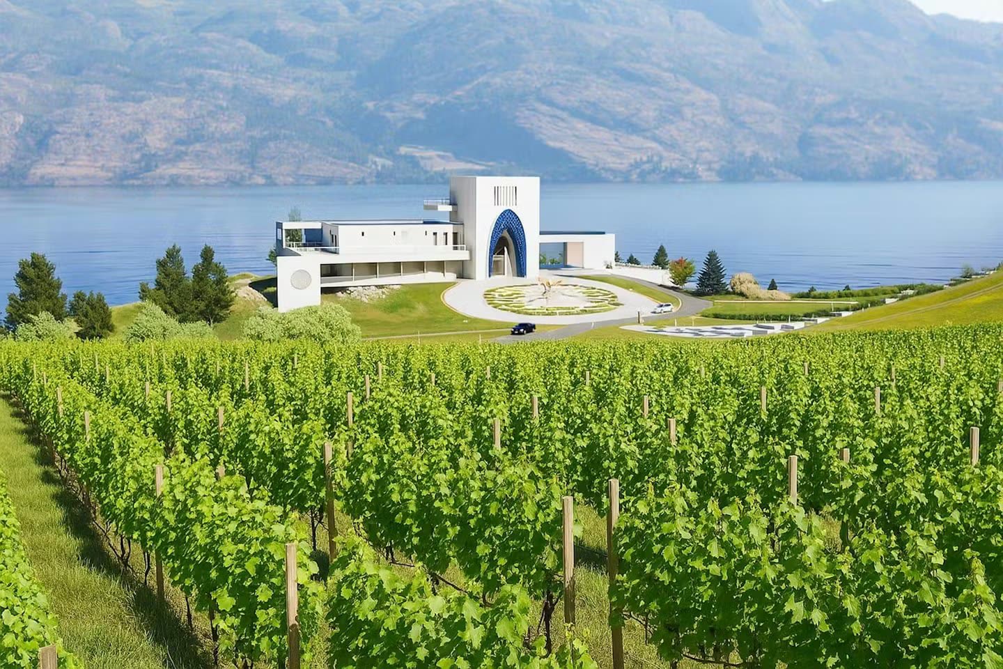 Azhadi winery above its vineyard and Okanagan Lake